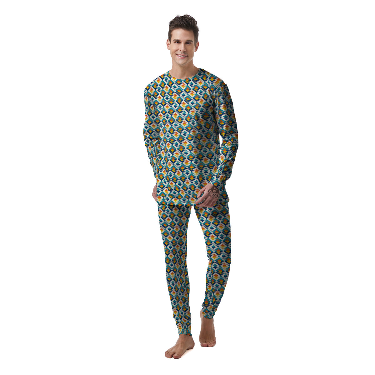 Southwestern Orange And Blue Print Men's Pajamas-grizzshop