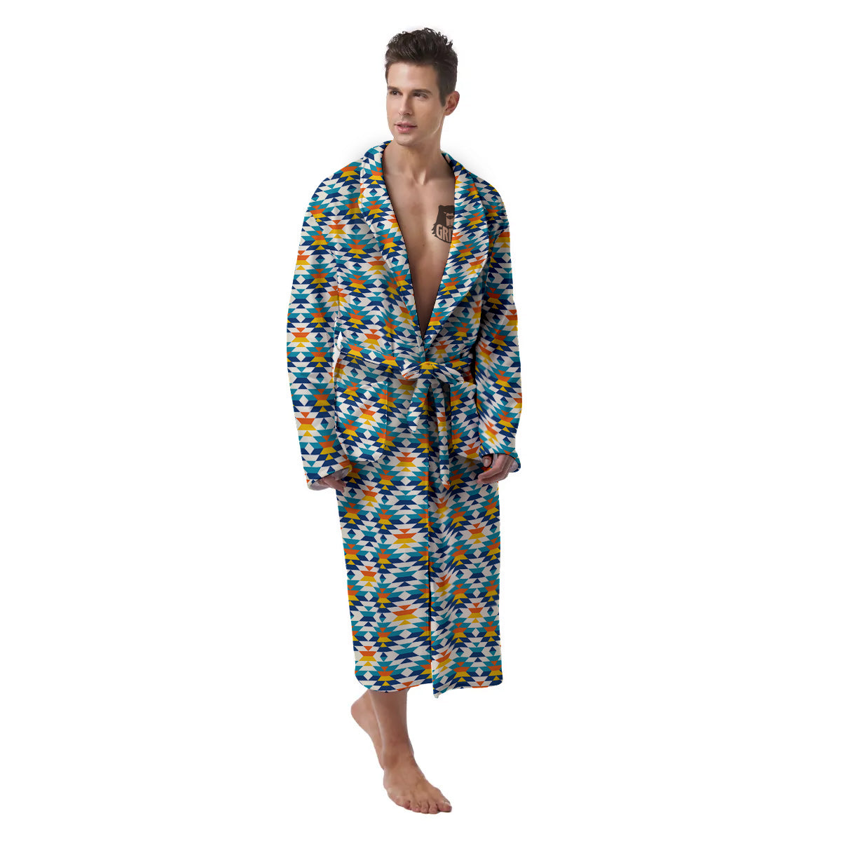 Southwestern Orange And Blue Print Men's Robe-grizzshop