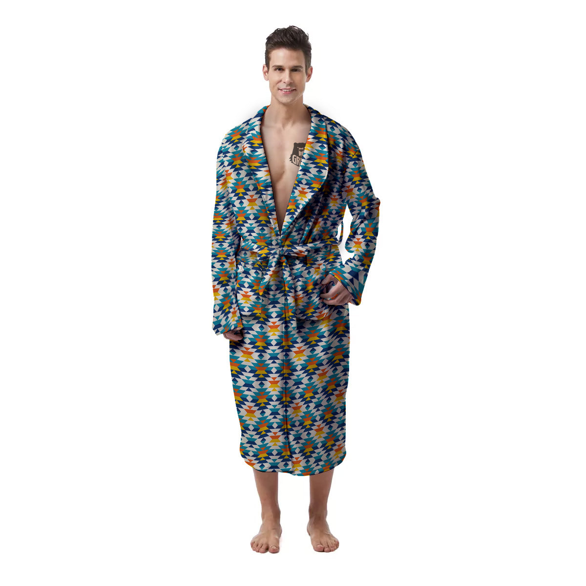 Southwestern Orange And Blue Print Men's Robe-grizzshop
