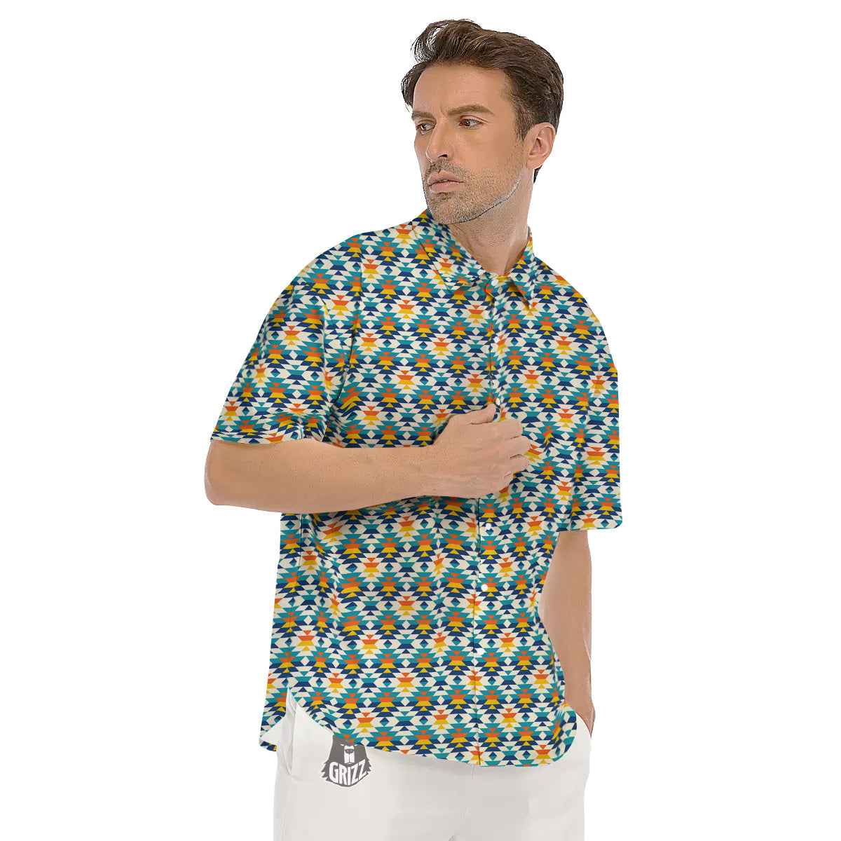 Southwestern Orange And Blue Print Men's Short Sleeve Shirts-grizzshop