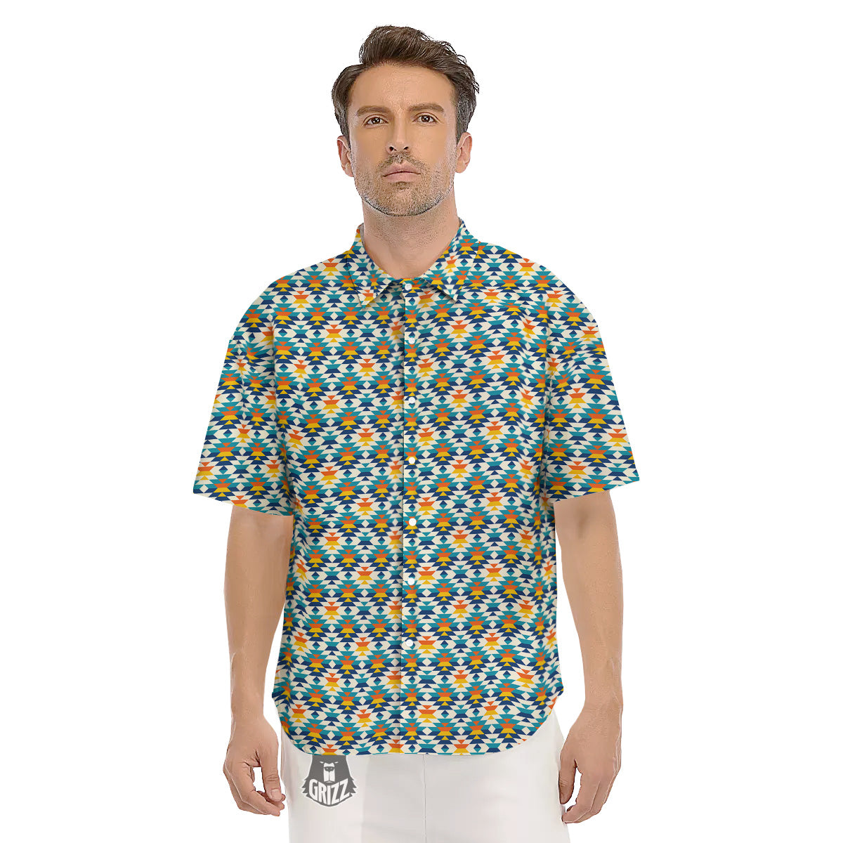 Southwestern Orange And Blue Print Men's Short Sleeve Shirts-grizzshop