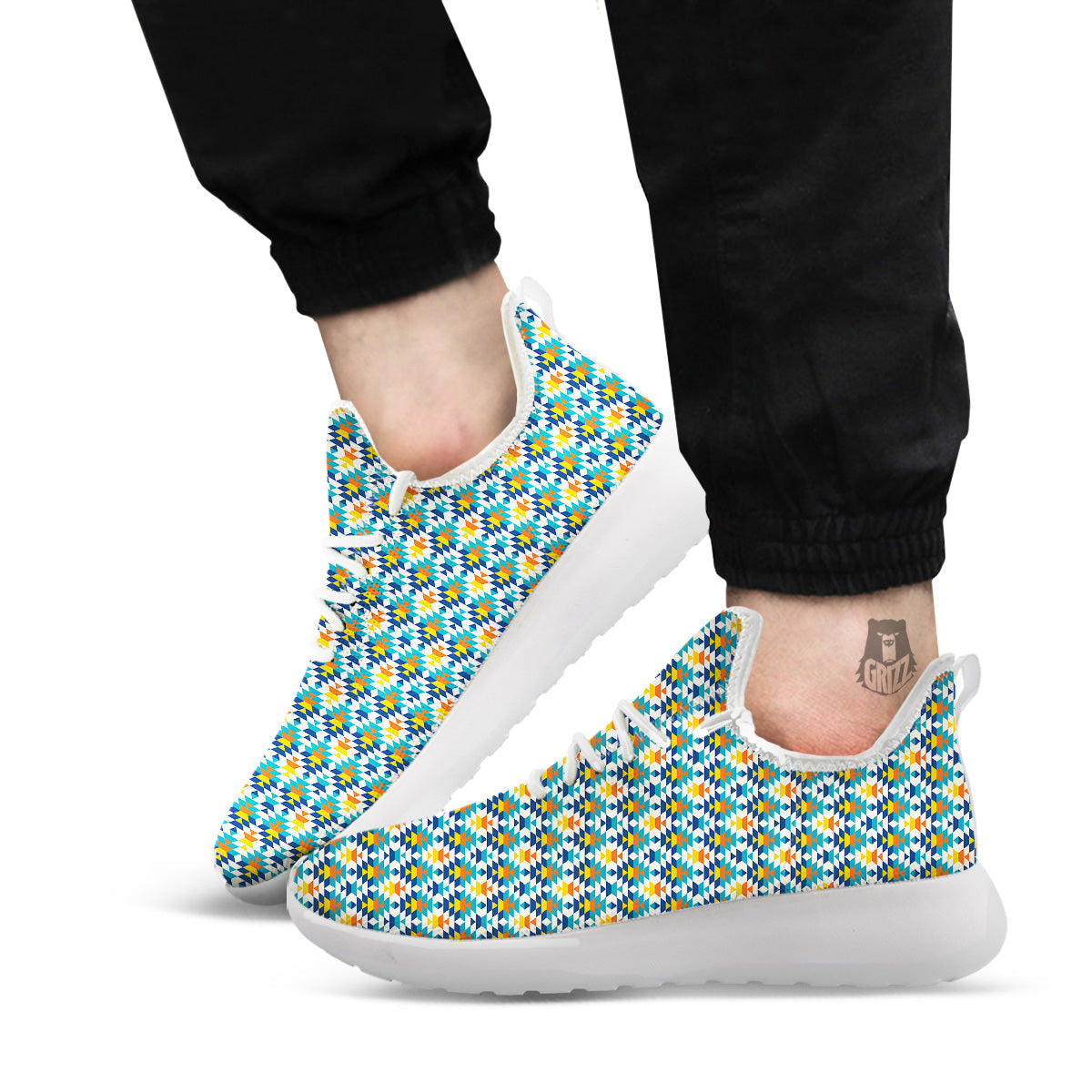 Southwestern Orange And Blue Print White Athletic Shoes-grizzshop