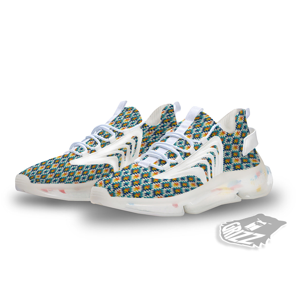 Southwestern Orange And Blue Print White Gym Shoes-grizzshop