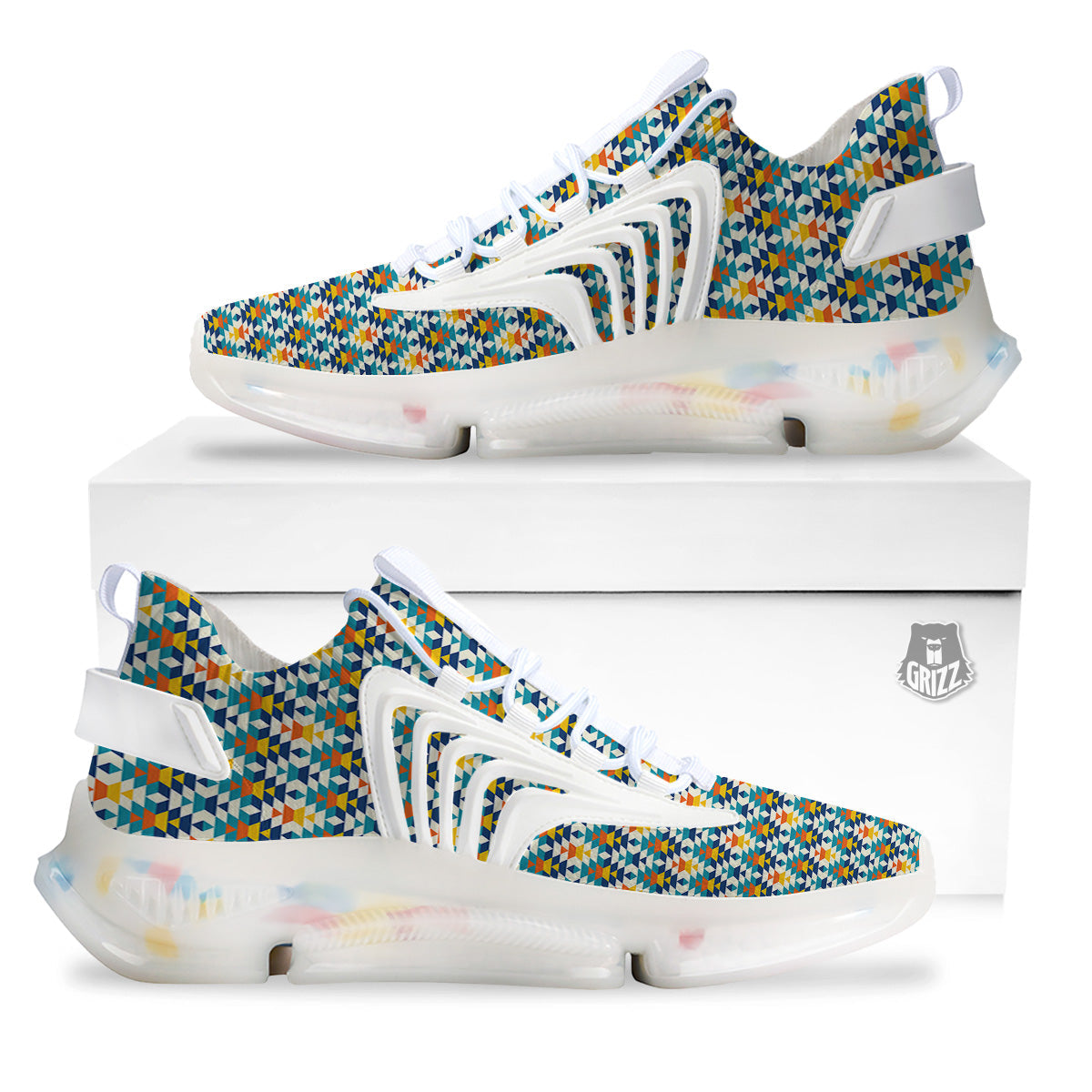 Southwestern Orange And Blue Print White Gym Shoes-grizzshop