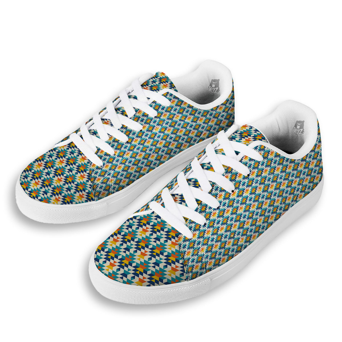 Southwestern Orange And Blue Print White Low Top Sneakers-grizzshop