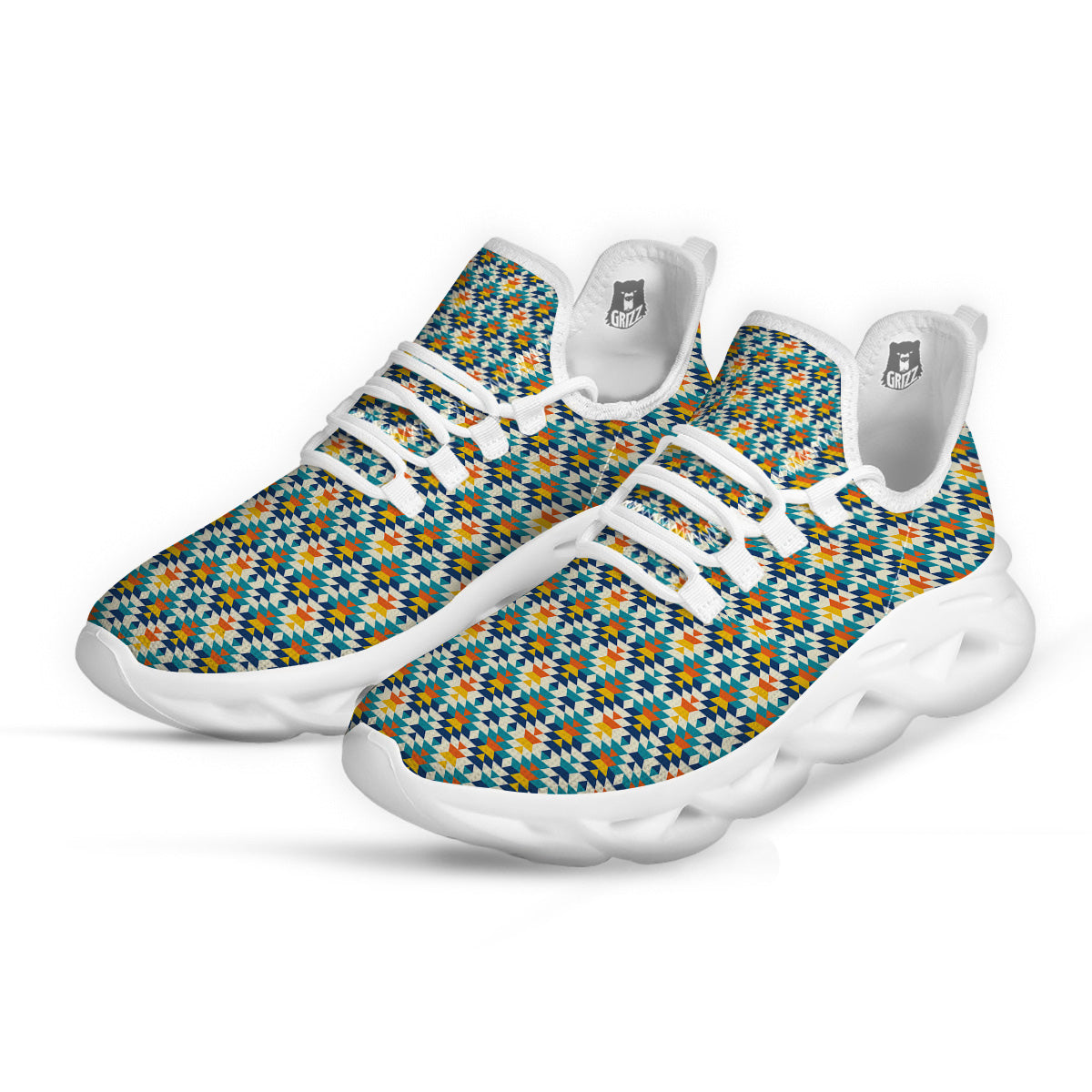 Southwestern Orange And Blue Print White Running Shoes-grizzshop