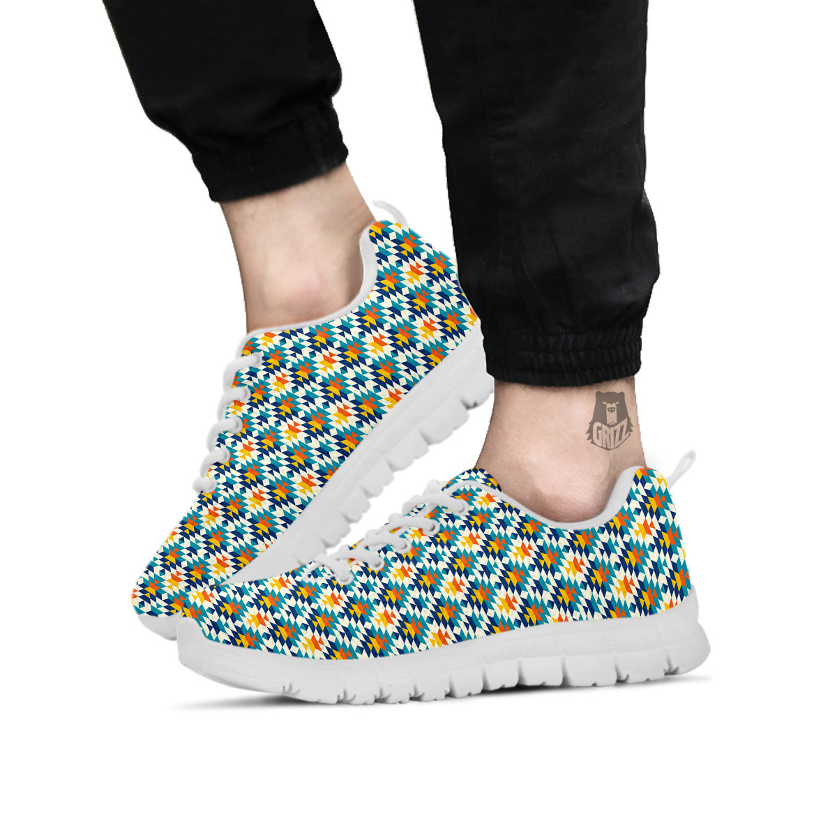 Southwestern Orange And Blue Print White Sneaker-grizzshop