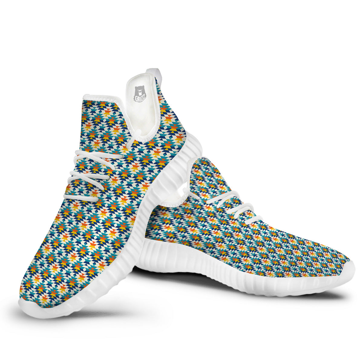 Southwestern Orange And Blue Print White Walking Shoes-grizzshop