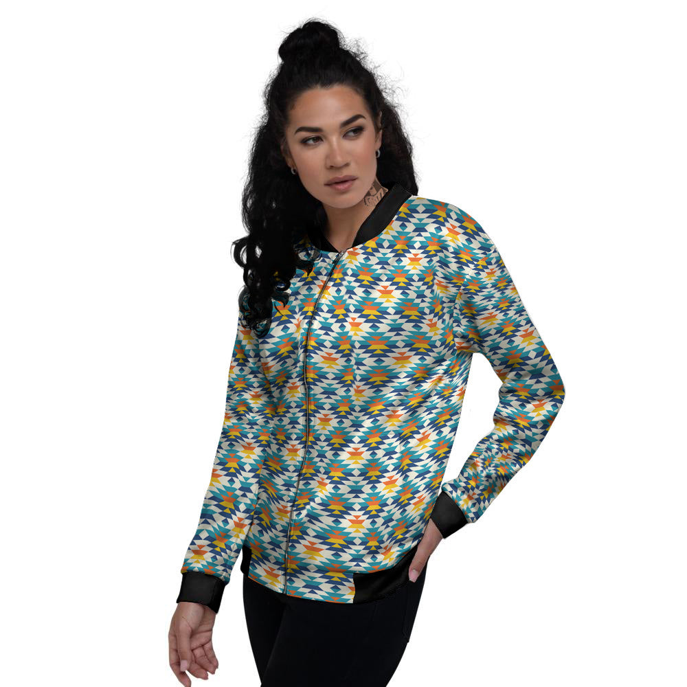 Southwestern Orange And Blue Print Women's Bomber Jacket-grizzshop