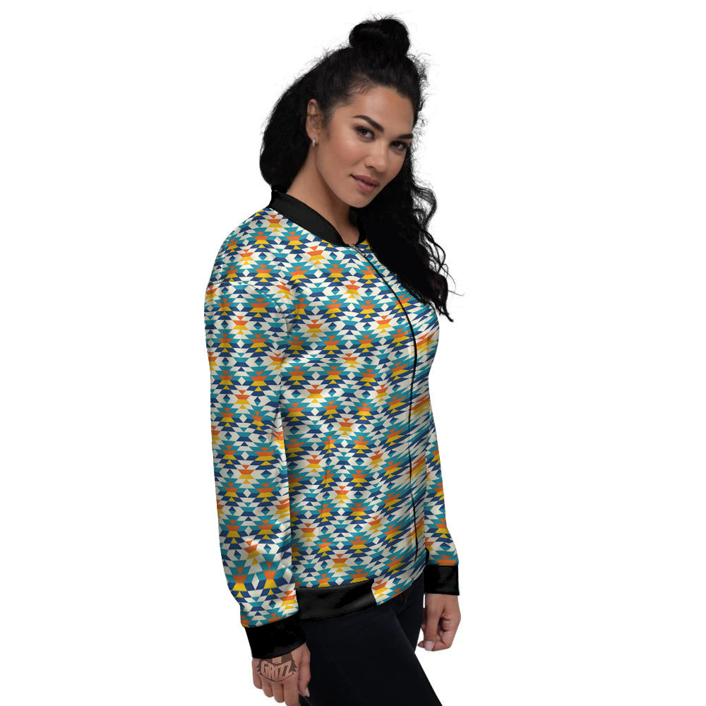 Southwestern Orange And Blue Print Women's Bomber Jacket-grizzshop