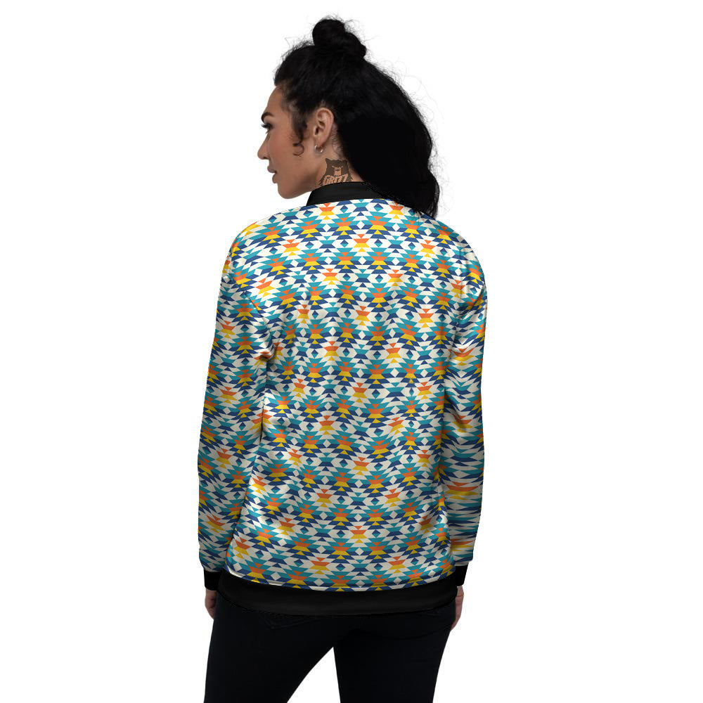 Southwestern Orange And Blue Print Women's Bomber Jacket-grizzshop