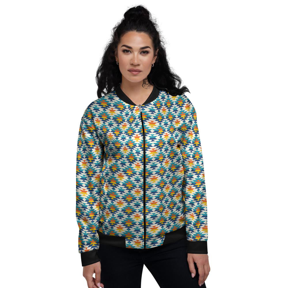 Southwestern Orange And Blue Print Women's Bomber Jacket-grizzshop