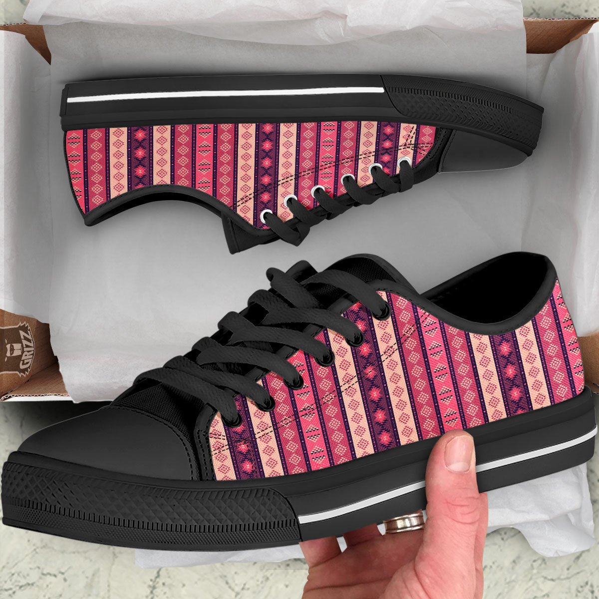 Southwestern Purple And Pink Print Pattern Black Low Top Shoes-grizzshop