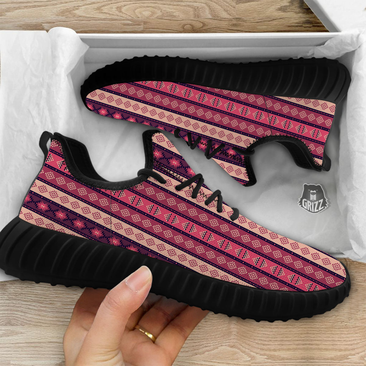 Southwestern Purple And Pink Print Pattern Black Walking Shoes-grizzshop