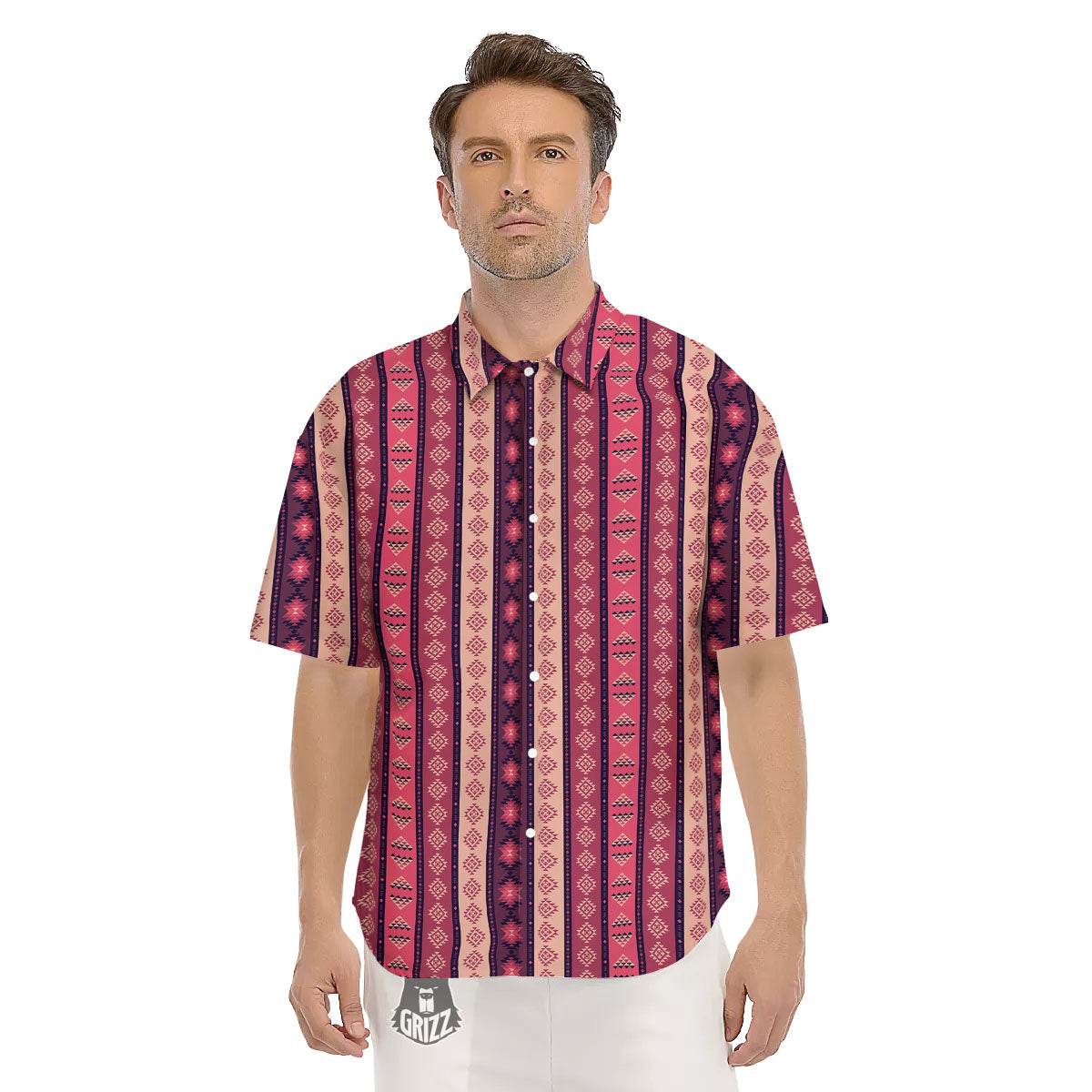 Southwestern Purple And Pink Print Pattern Men's Short Sleeve Shirts-grizzshop