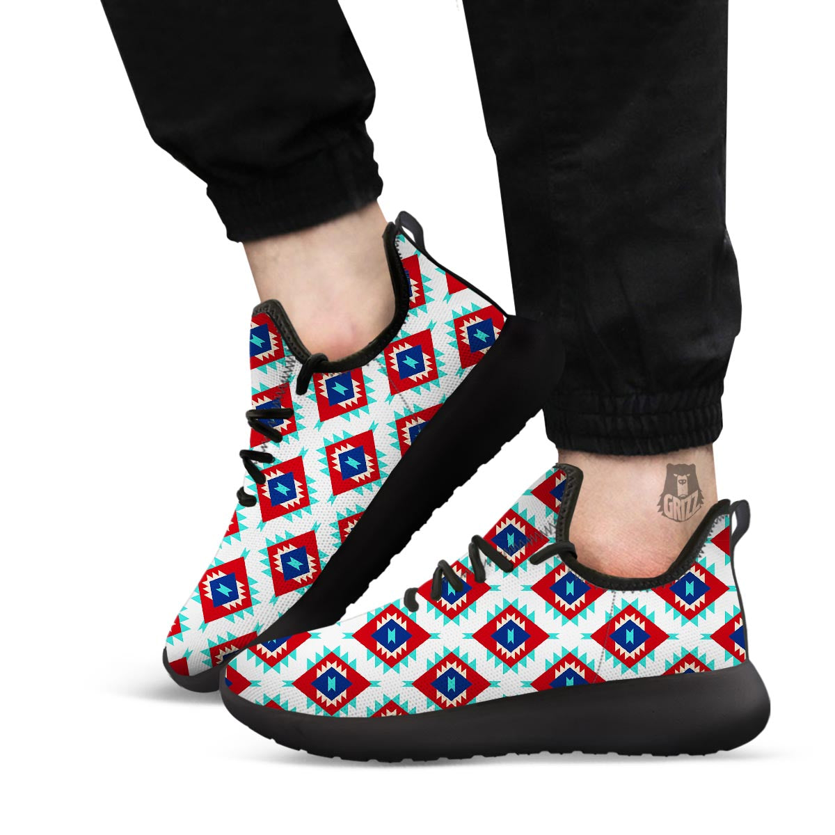 Southwestern Teal And Red Print Pattern Black Athletic Shoes-grizzshop
