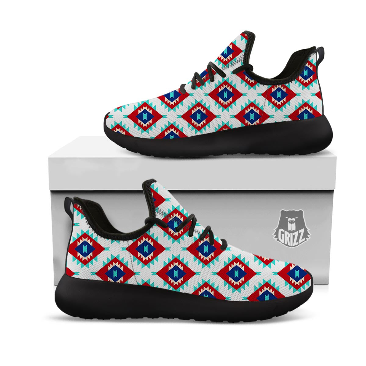 Southwestern Teal And Red Print Pattern Black Athletic Shoes-grizzshop
