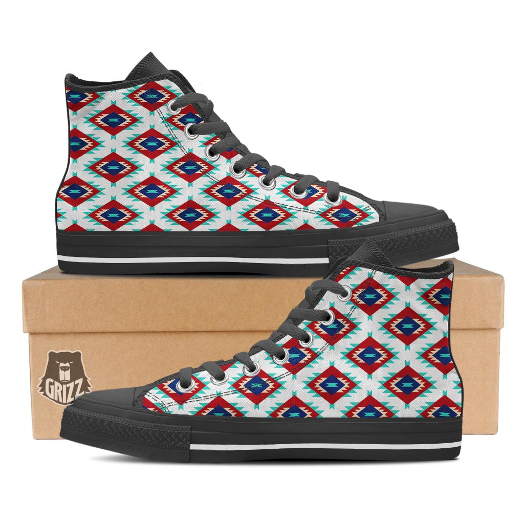 Southwestern Teal And Red Print Pattern Black High Top Shoes-grizzshop