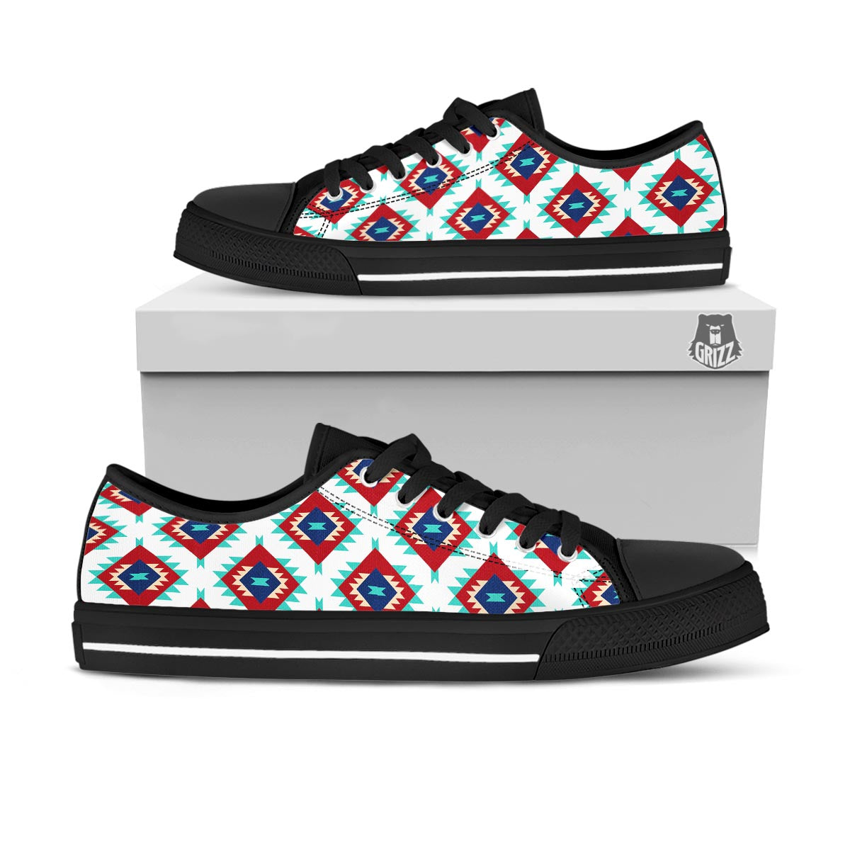 Southwestern Teal And Red Print Pattern Black Low Top Shoes-grizzshop