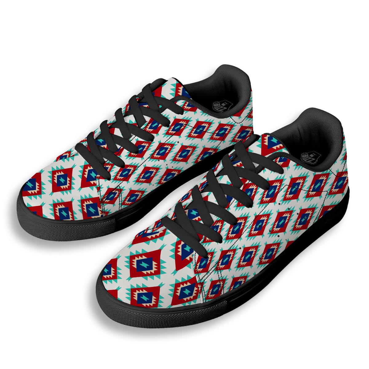 Southwestern Teal And Red Print Pattern Black Low Top Sneakers-grizzshop