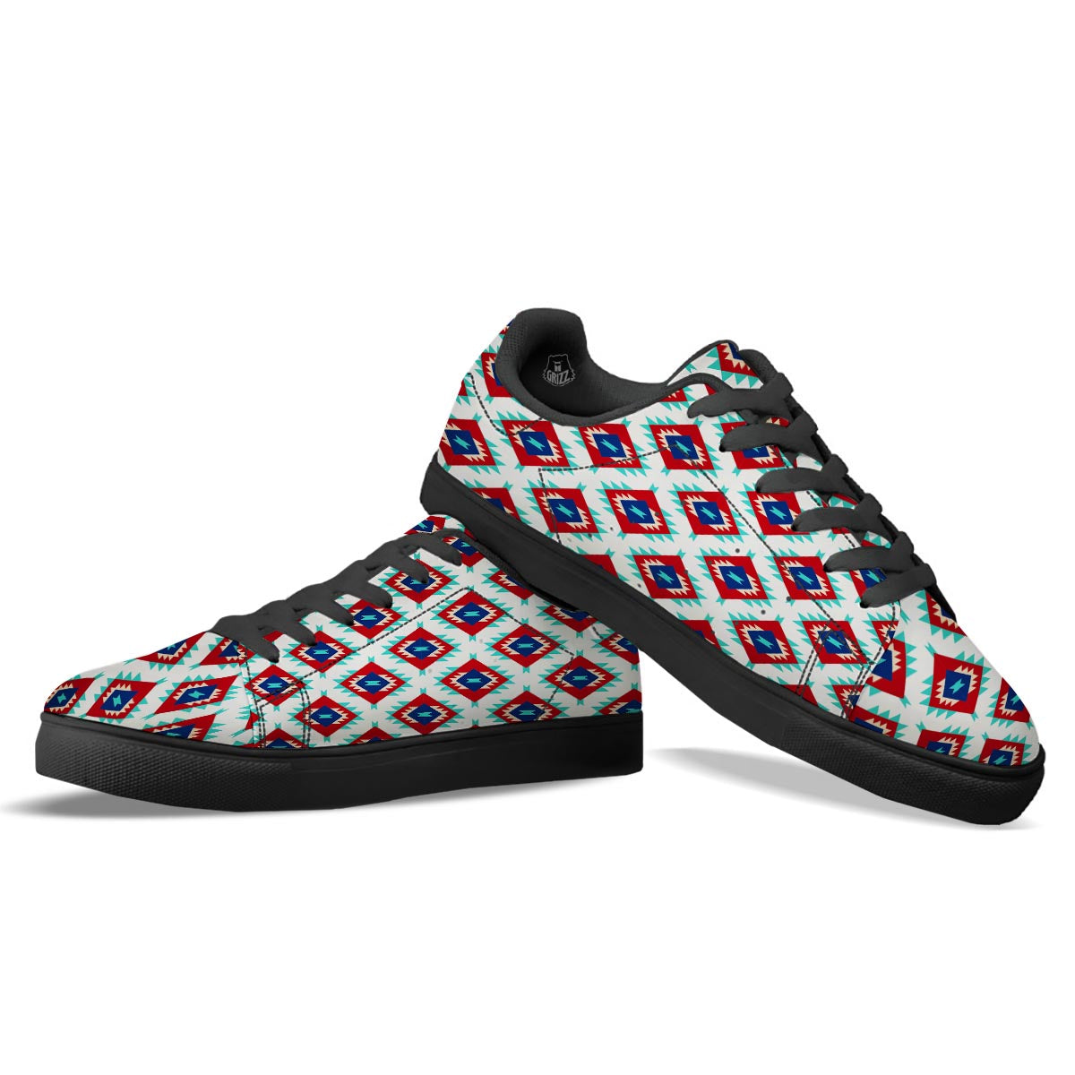 Southwestern Teal And Red Print Pattern Black Low Top Sneakers-grizzshop