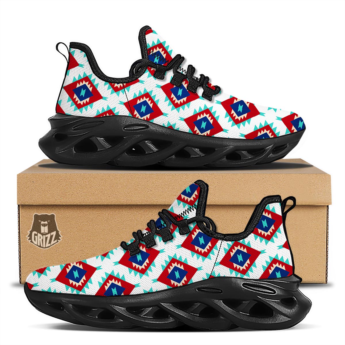 Southwestern Teal And Red Print Pattern Black Running Shoes-grizzshop