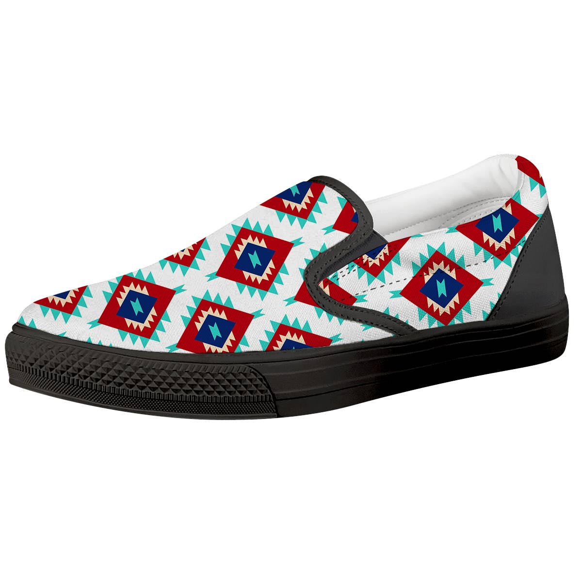 Southwestern Teal And Red Print Pattern Black Slip On Shoes-grizzshop