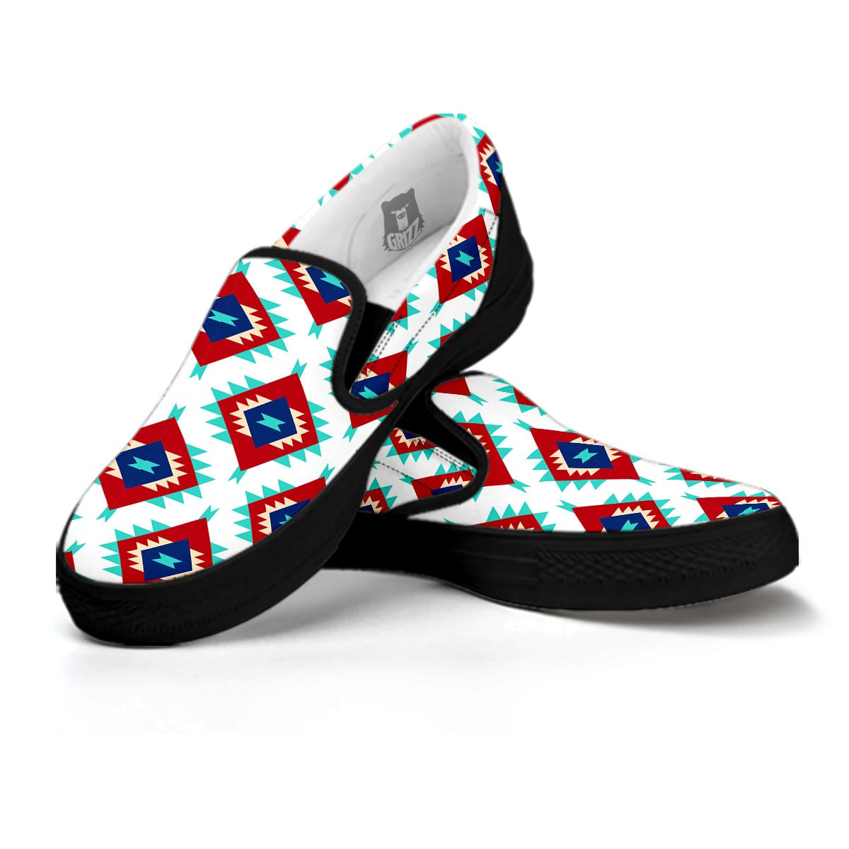 Southwestern Teal And Red Print Pattern Black Slip On Shoes-grizzshop