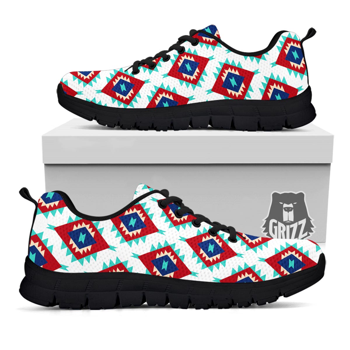 Southwestern Teal And Red Print Pattern Black Sneaker-grizzshop