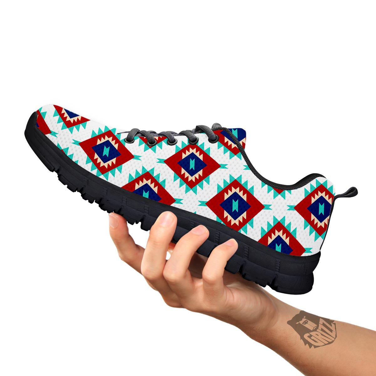 Southwestern Teal And Red Print Pattern Black Sneaker-grizzshop