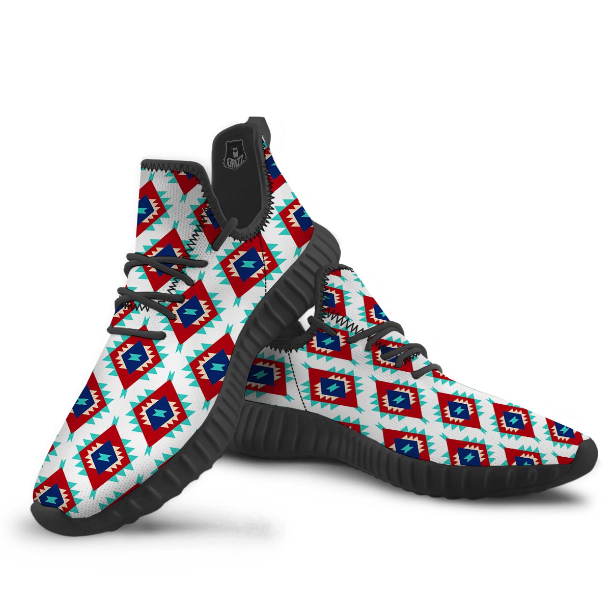 Southwestern Teal And Red Print Pattern Black Walking Shoes-grizzshop