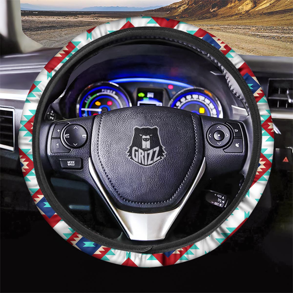 Southwestern Teal And Red Print Pattern Car Steering Wheel Cover-grizzshop
