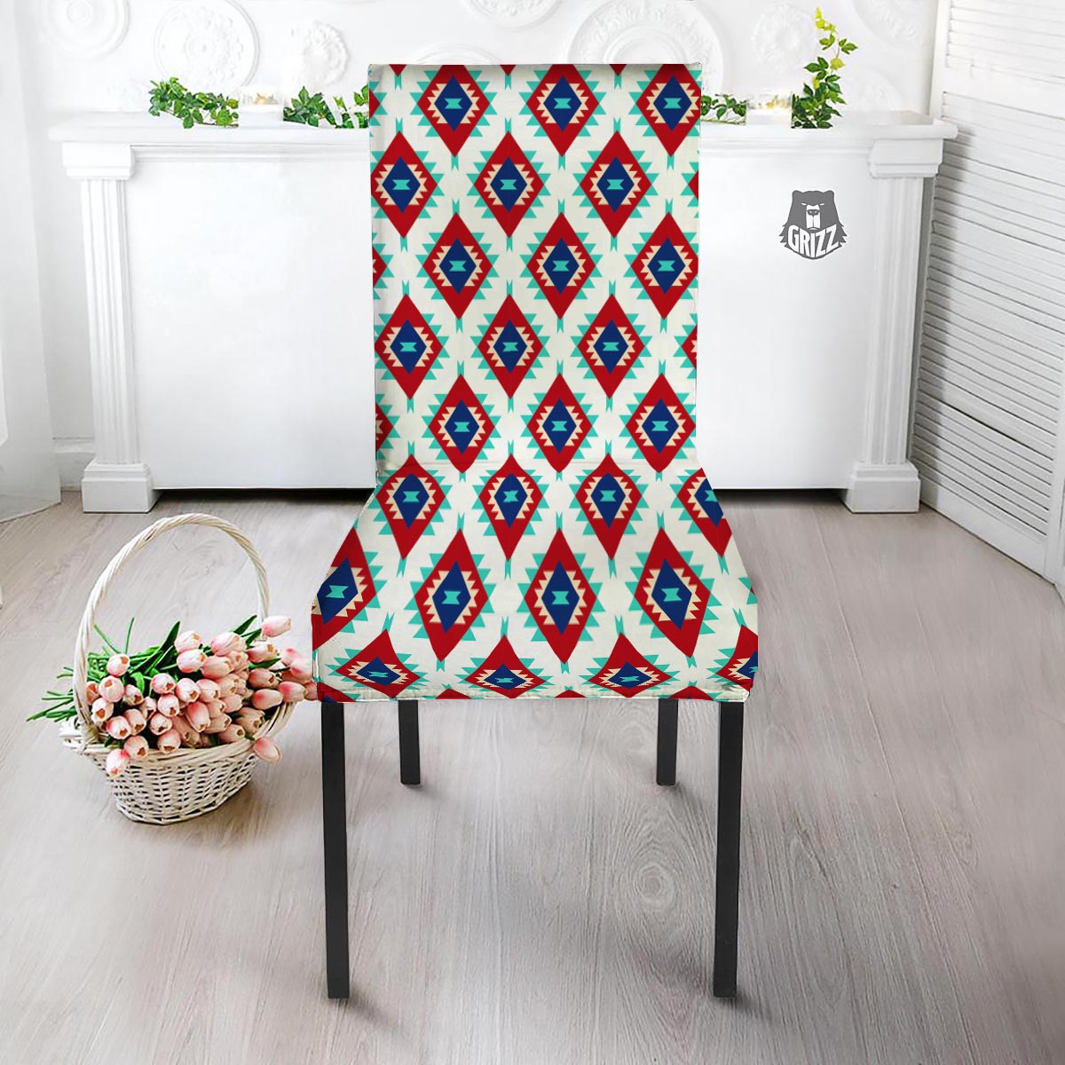 Southwestern Teal And Red Print Pattern Dining Chair Slipcover-grizzshop