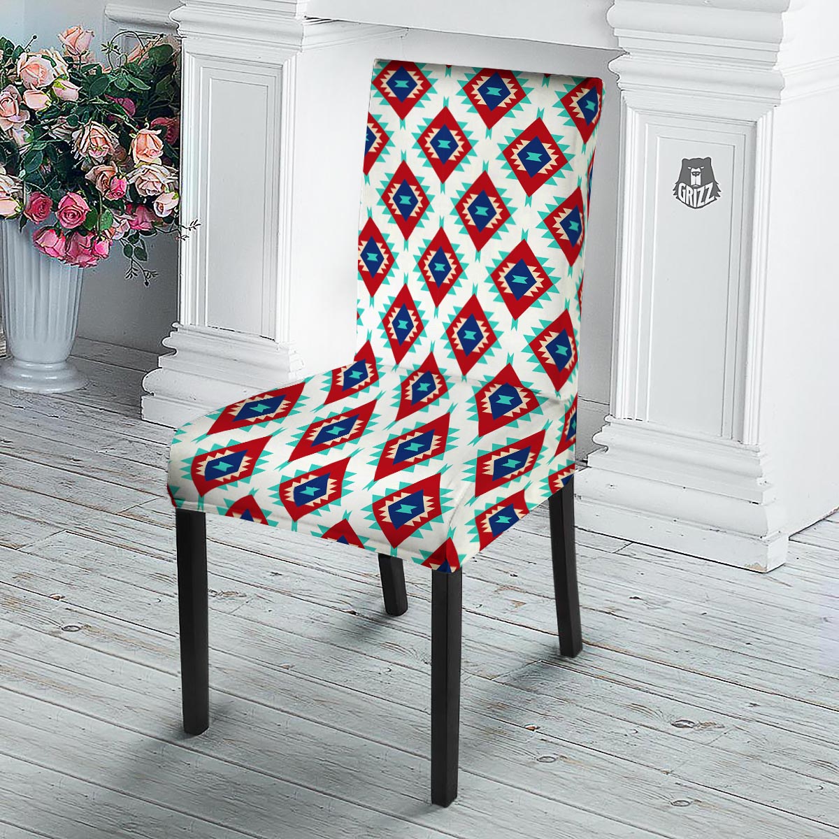 Southwestern Teal And Red Print Pattern Dining Chair Slipcover-grizzshop