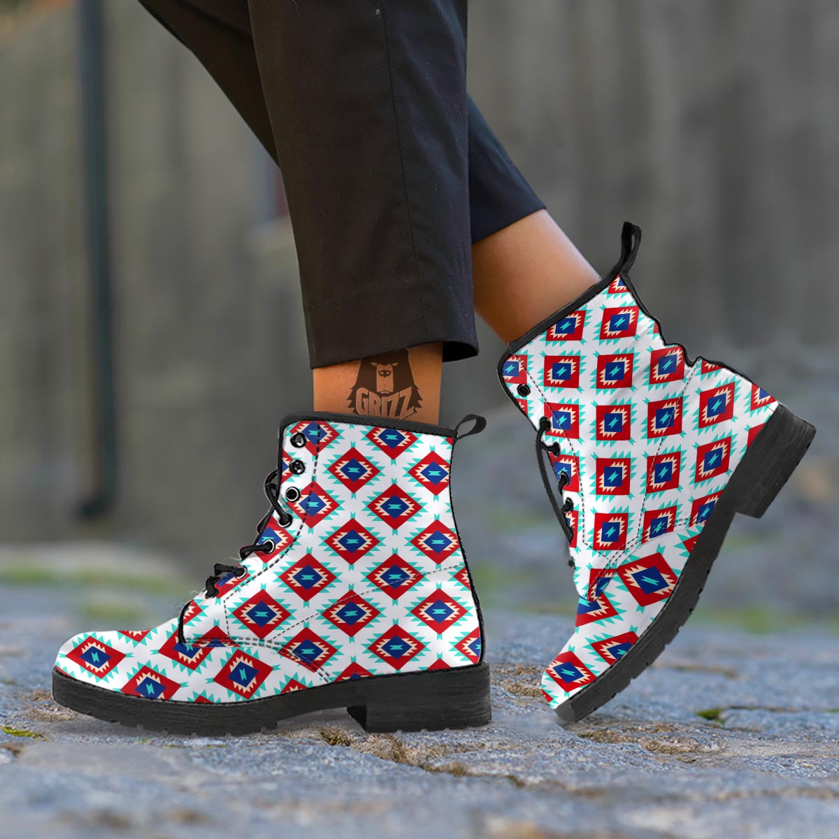 Southwestern Teal And Red Print Pattern Leather Boots-grizzshop