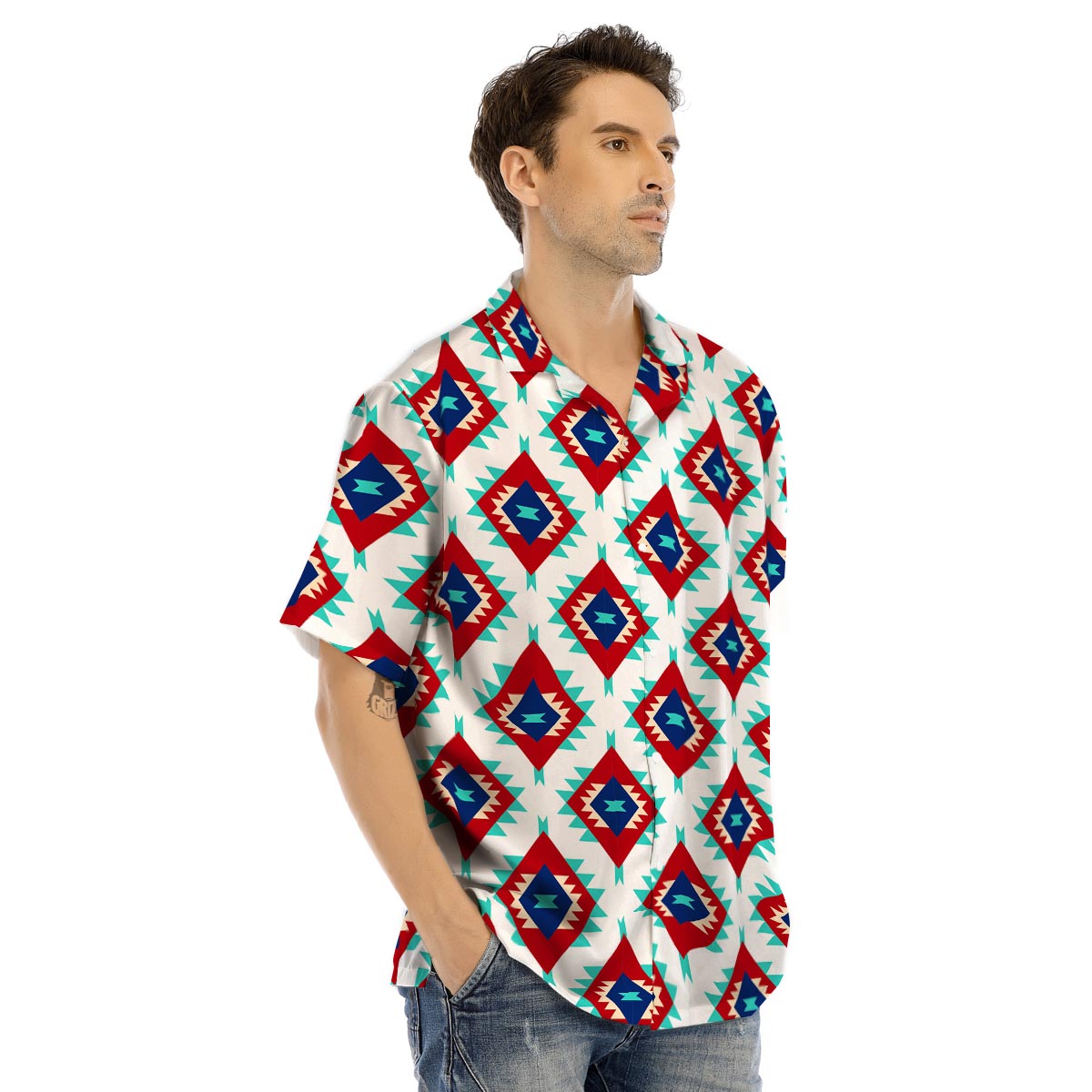 Southwestern Teal And Red Print Pattern Men's Hawaiian Shirt-grizzshop