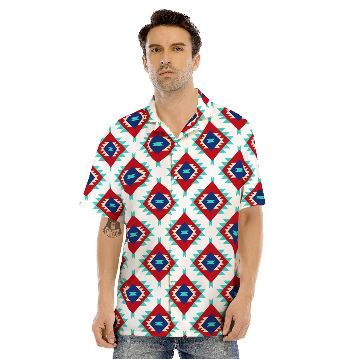 Southwestern Teal And Red Print Pattern Men's Hawaiian Shirt-grizzshop