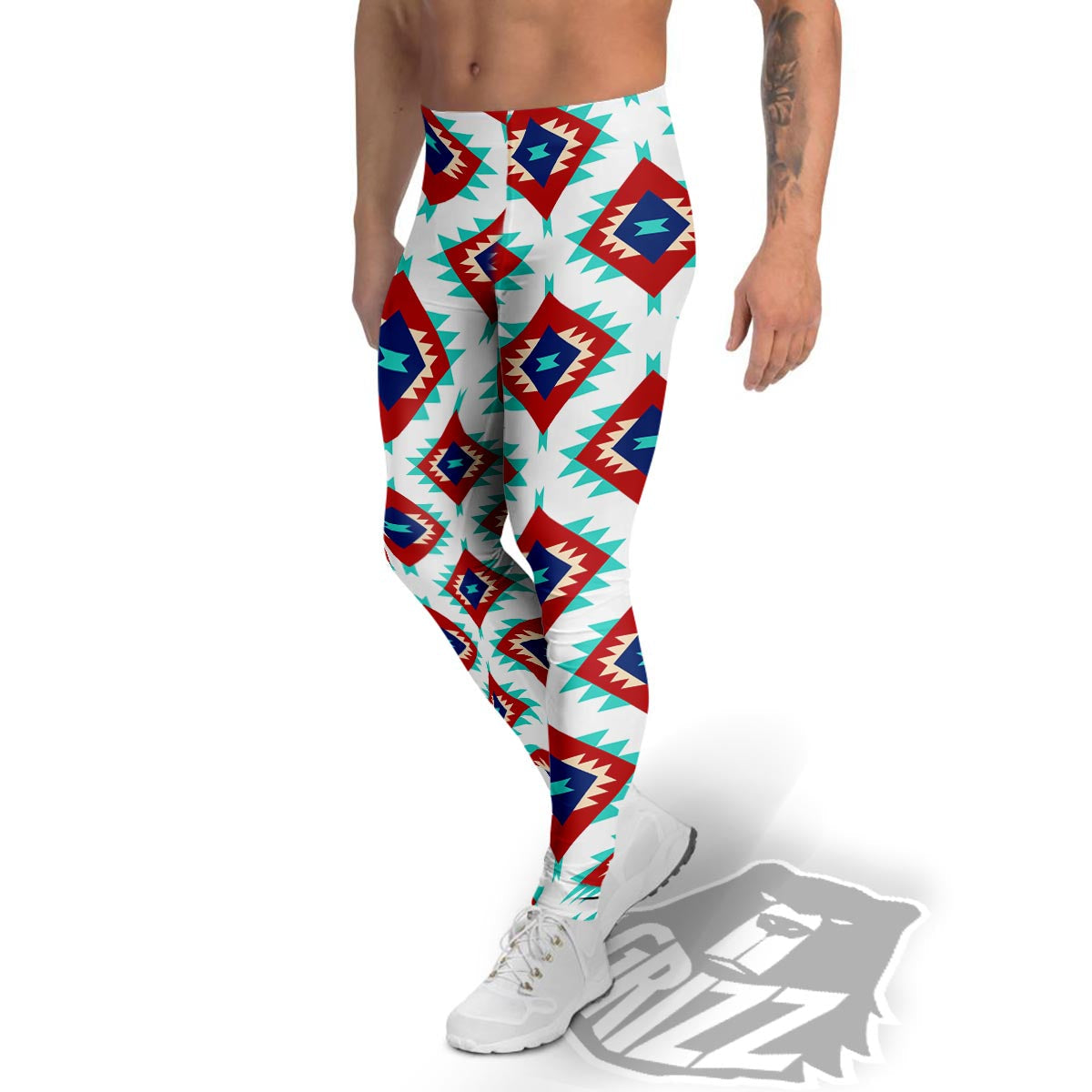 Southwestern Teal And Red Print Pattern Men's Leggings-grizzshop