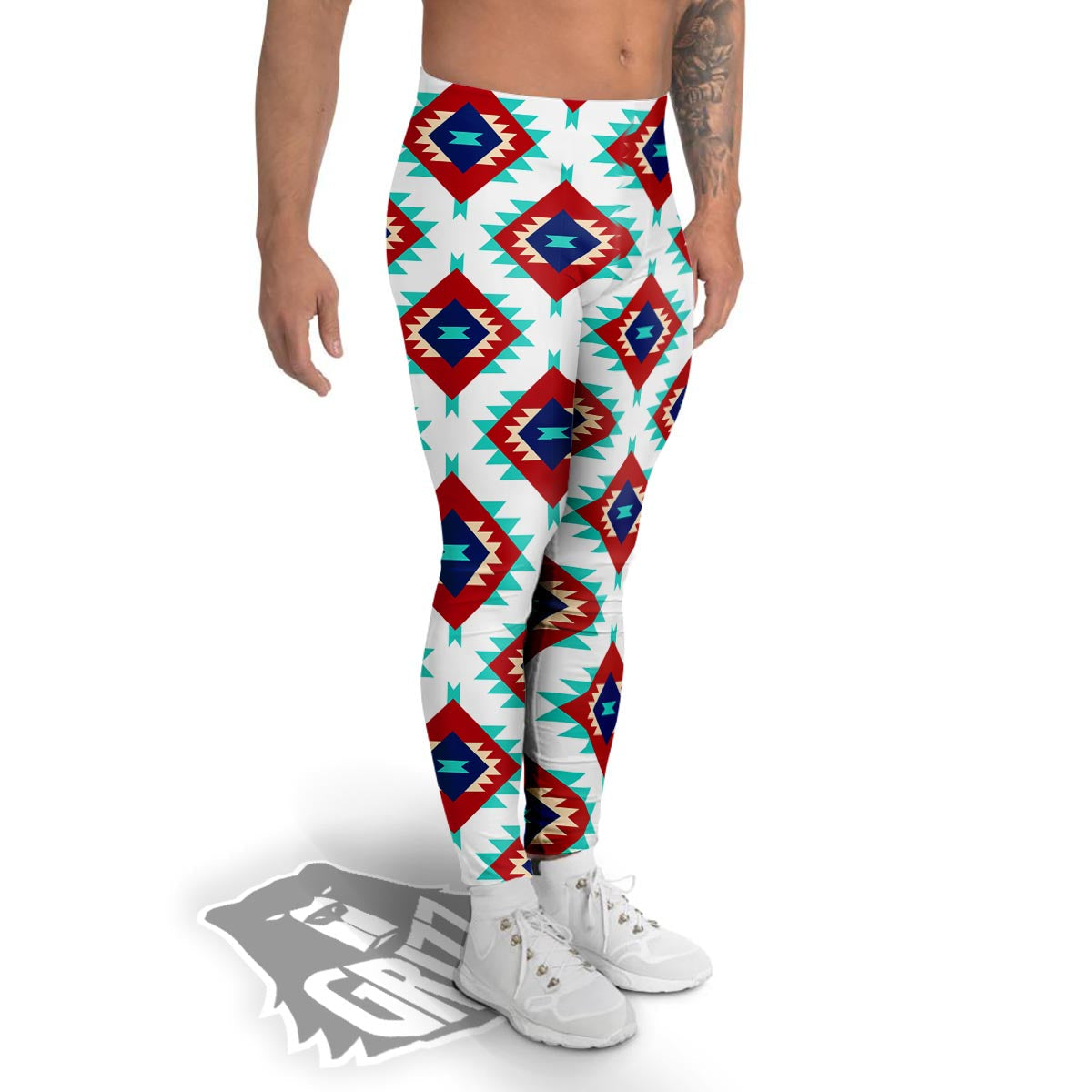 Southwestern Teal And Red Print Pattern Men's Leggings-grizzshop