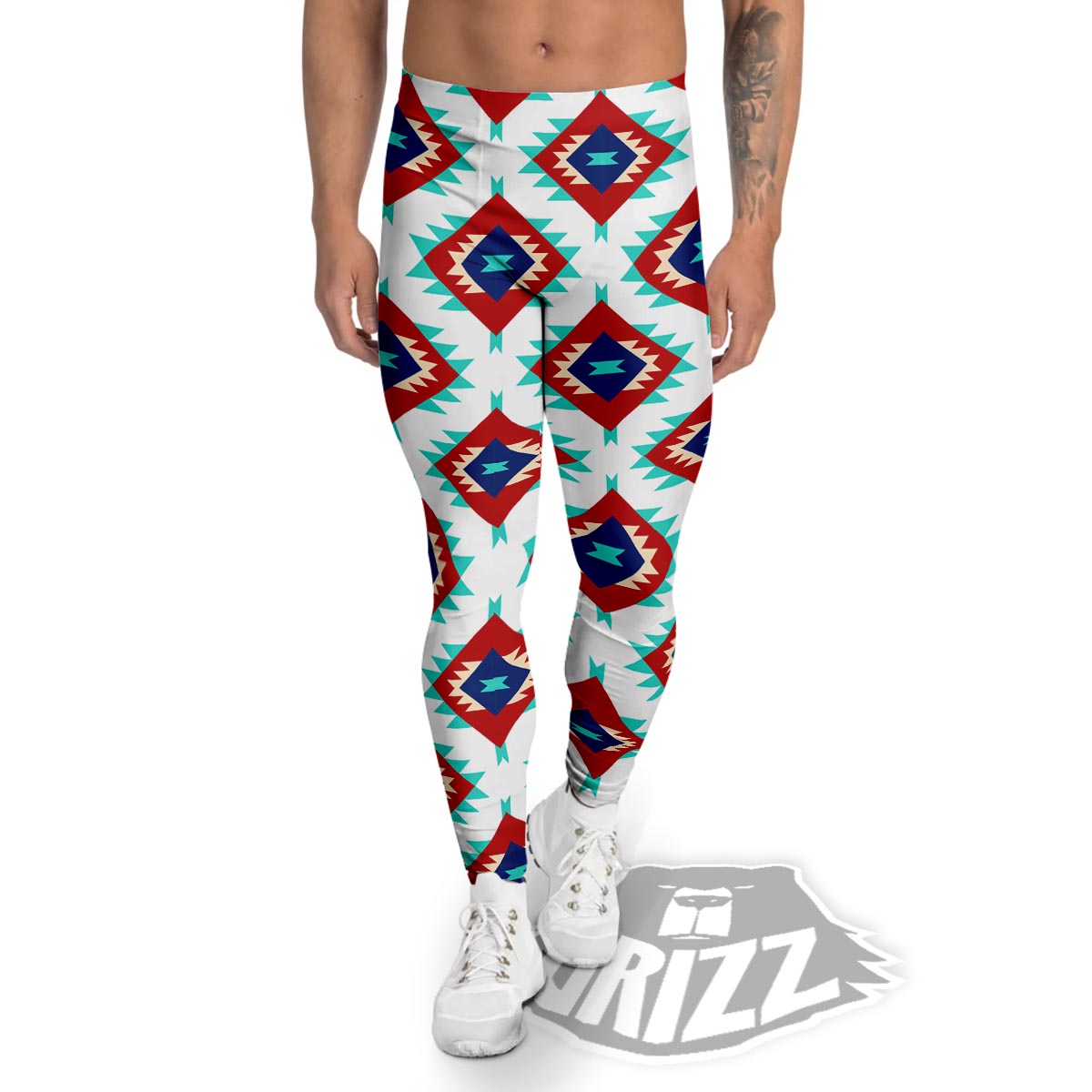 Southwestern Teal And Red Print Pattern Men's Leggings-grizzshop