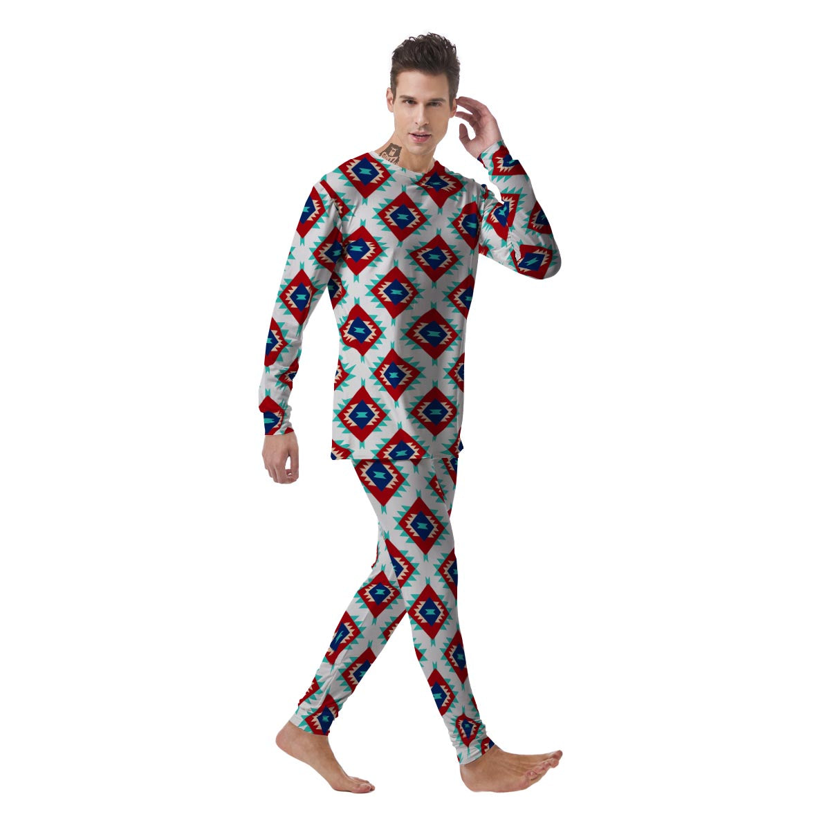 Southwestern Teal And Red Print Pattern Men's Pajamas-grizzshop