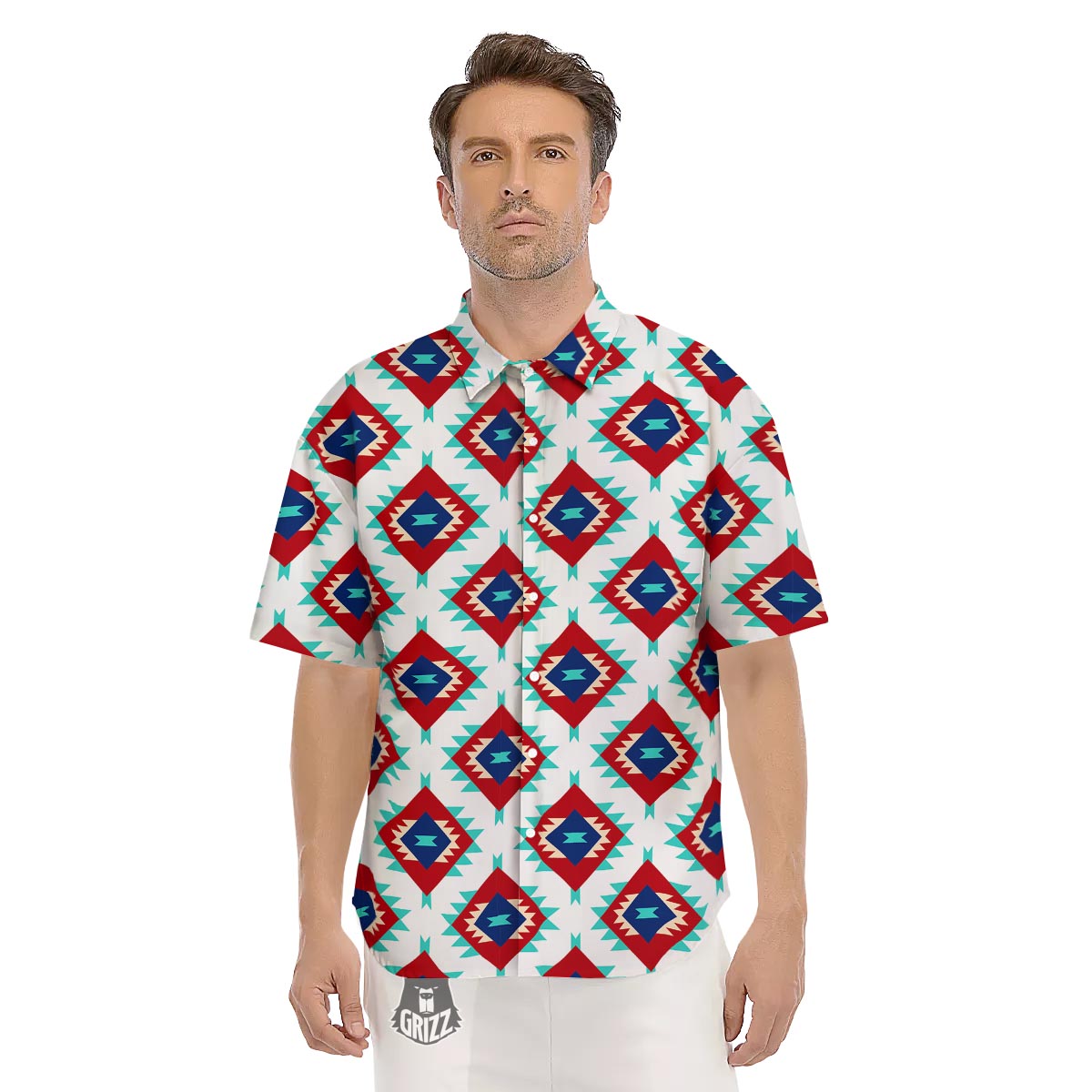 Southwestern Teal And Red Print Pattern Men's Short Sleeve Shirts-grizzshop