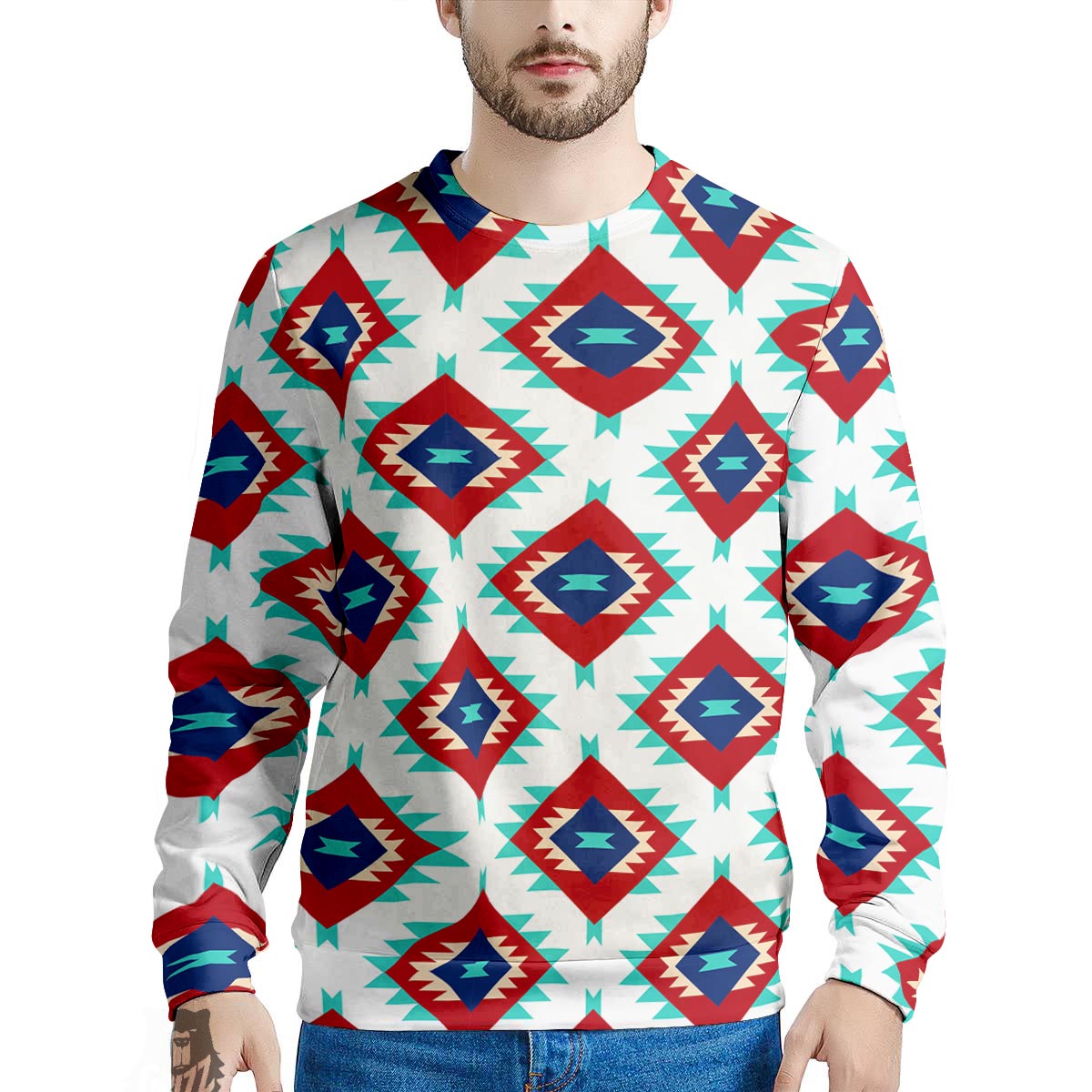 Southwestern Teal And Red Print Pattern Men's Sweatshirt-grizzshop