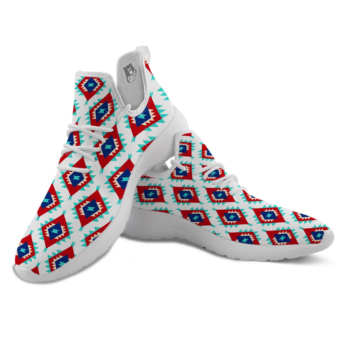 Southwestern Teal And Red Print Pattern White Athletic Shoes-grizzshop