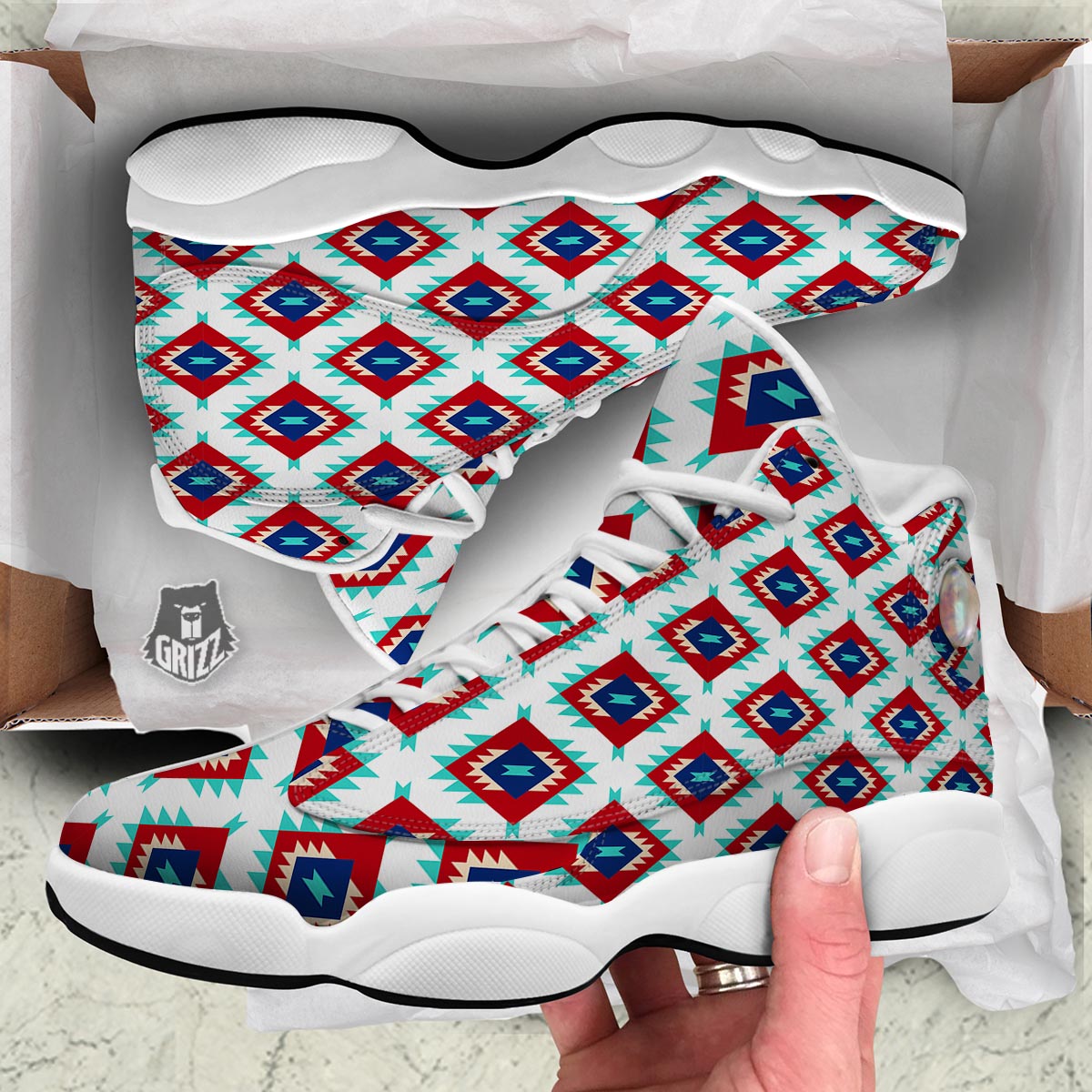 Southwestern Teal And Red Print Pattern White Basketball Shoes-grizzshop
