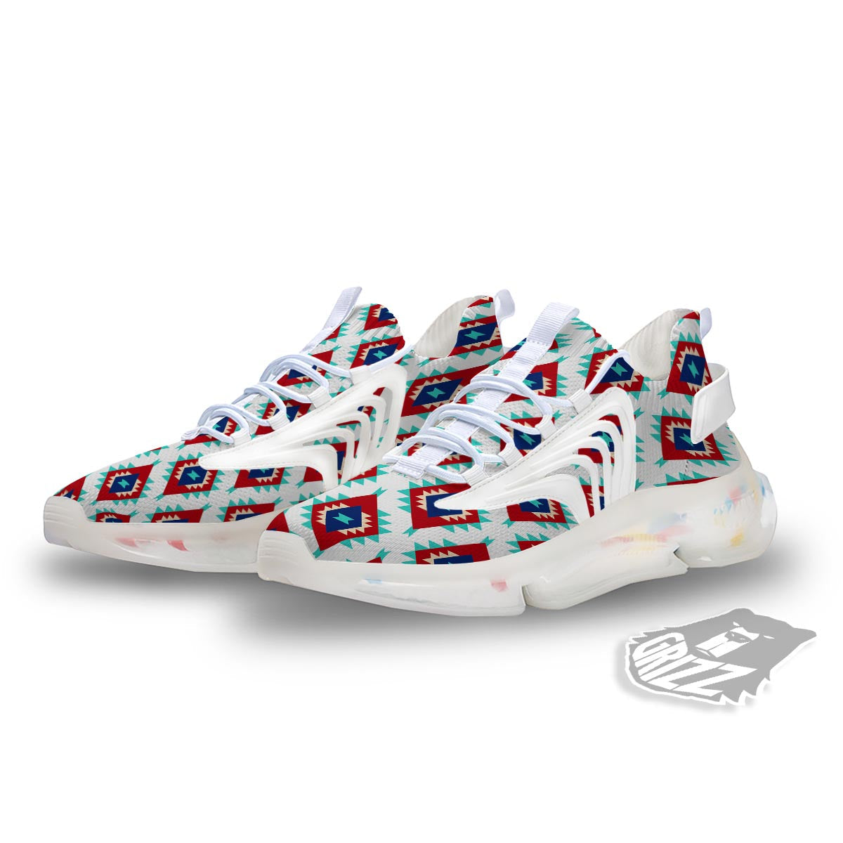 Southwestern Teal And Red Print Pattern White Gym Shoes-grizzshop
