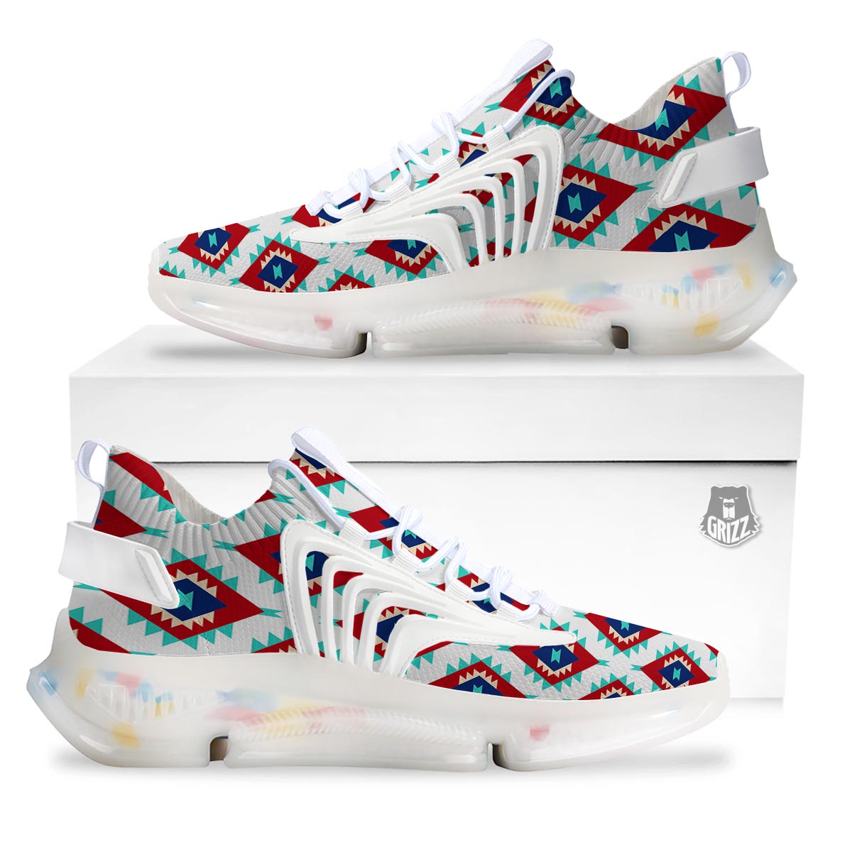 Southwestern Teal And Red Print Pattern White Gym Shoes-grizzshop