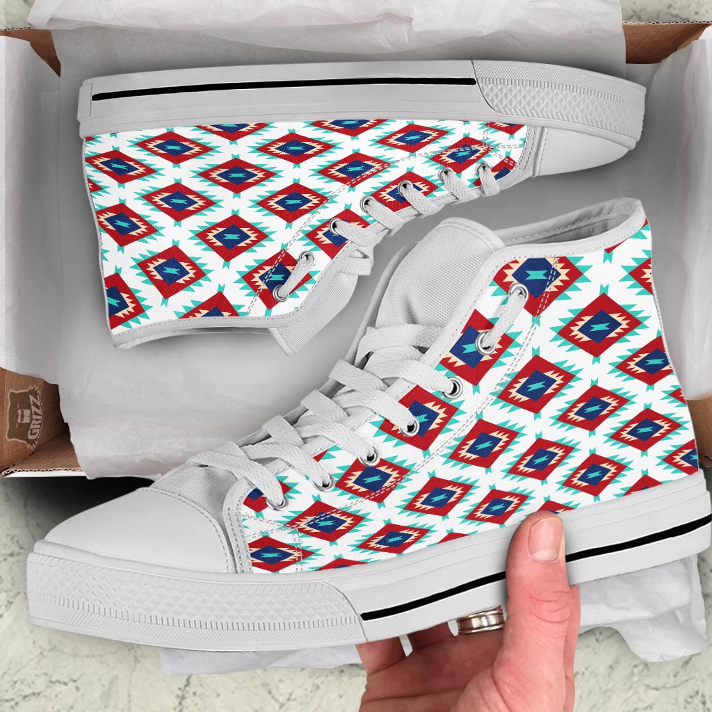 Southwestern Teal And Red Print Pattern White High Top Shoes-grizzshop