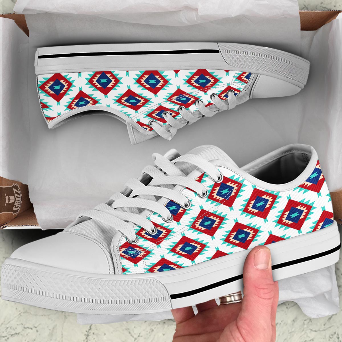 Southwestern Teal And Red Print Pattern White Low Top Shoes-grizzshop