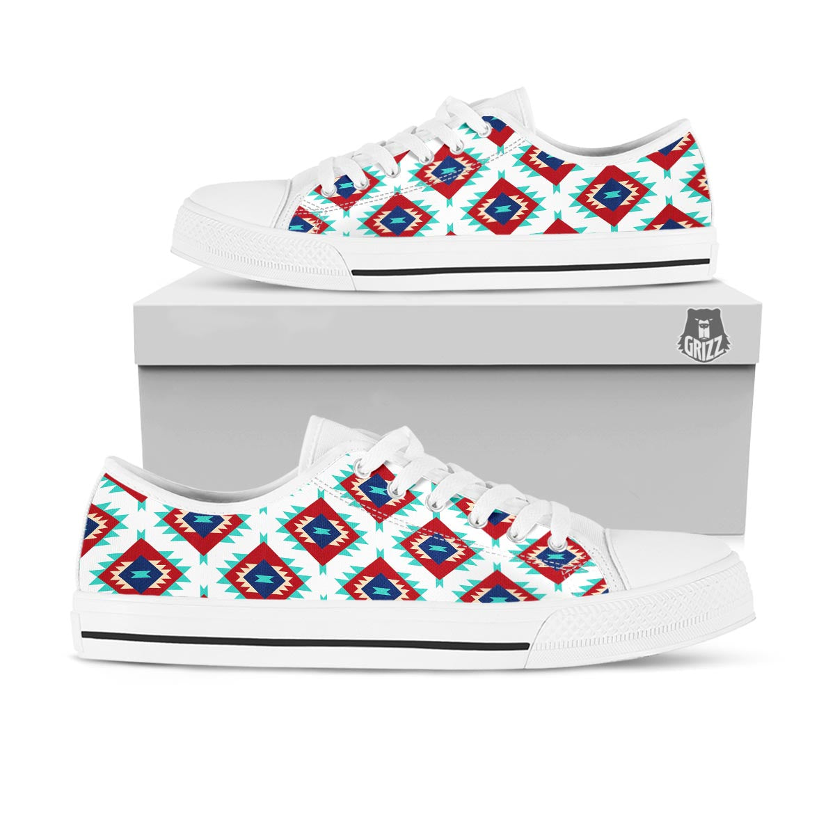 Southwestern Teal And Red Print Pattern White Low Top Shoes-grizzshop